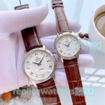 Replica Omega De Ville White Dial Brown Leather Strap Lovers Watch